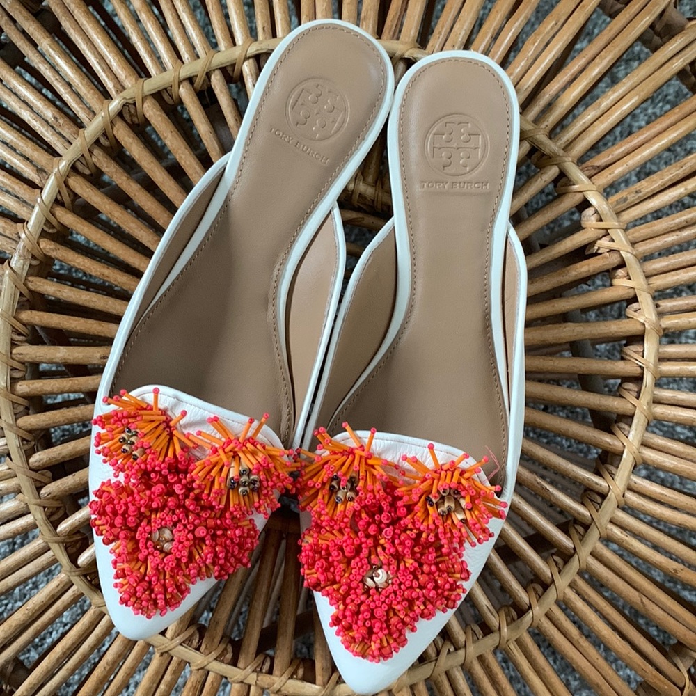TORY BURCH White Leather and Red Orange Beaded Mule